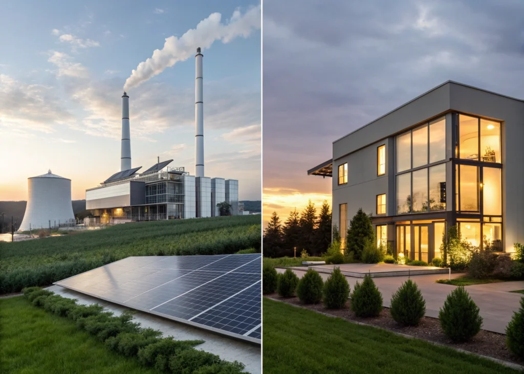 Usine moderne et villa illustrant l’efficacité énergétique grâce à l’isolation et l’étanchéité.
