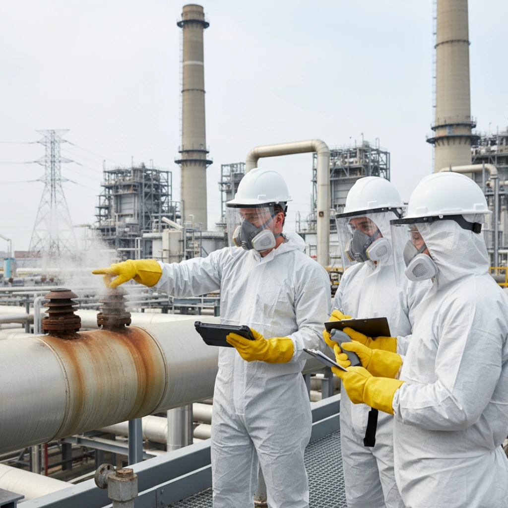 Techniciens en combinaison de sécurité effectuant une inspection sur un site industriel.