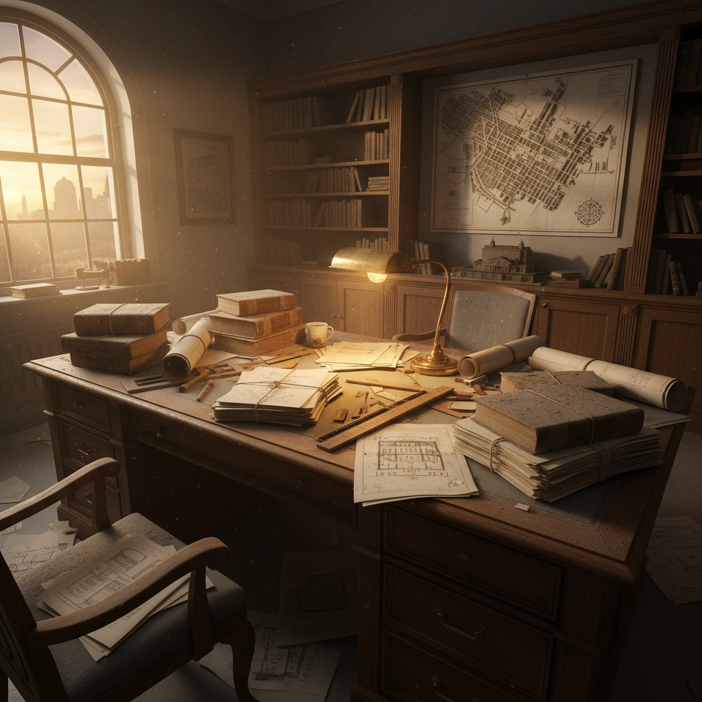 Bureau d’urbanisme avec anciens plans et documents réglementaires.