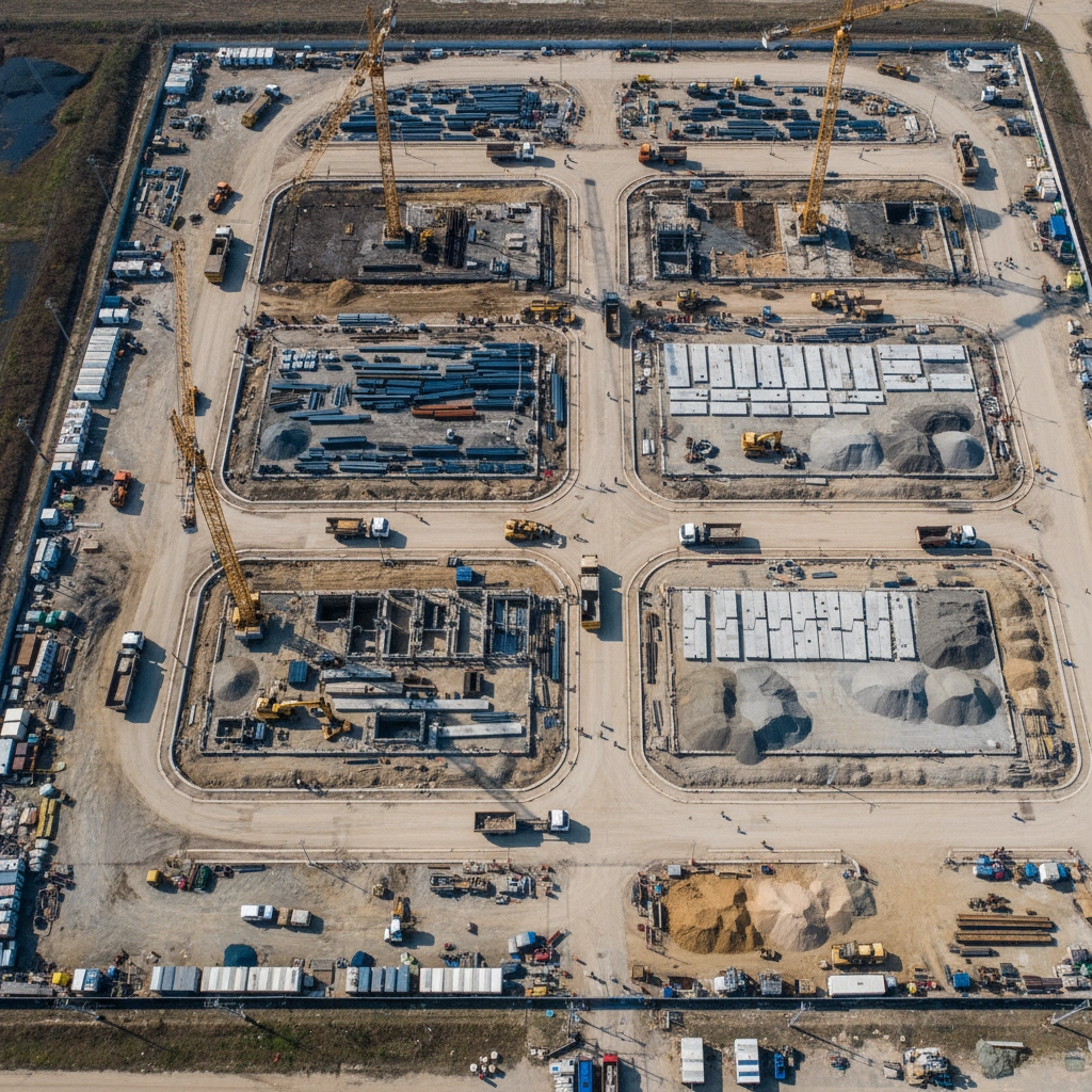 Vue aérienne d’un grand chantier industriel avec grues et camions illustrant l’importance de la logistique.