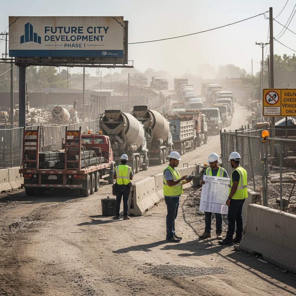 Camions en file d’attente à l’entrée d’un chantier avec ouvriers organisant les livraisons, montrant la complexité logistique.