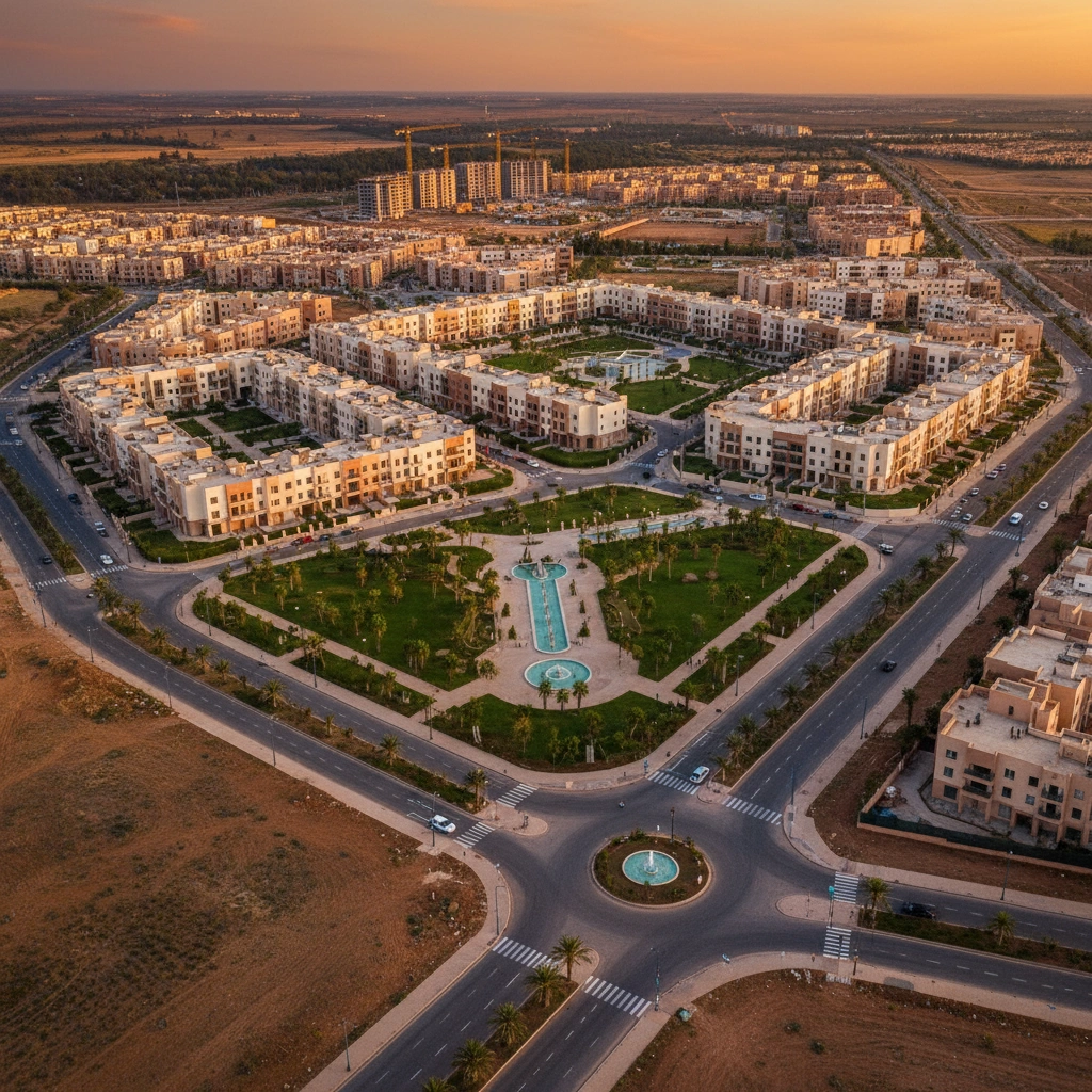 Vue aérienne d’un nouveau quartier résidentiel au Maroc.