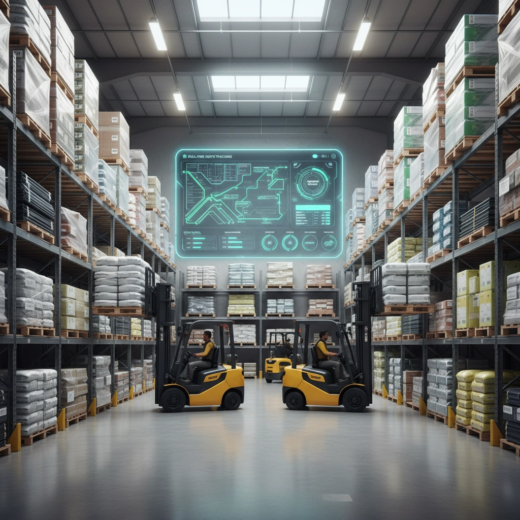 Centre logistique moderne avec entrepôt, chariots élévateurs et tableau numérique de suivi des flux.