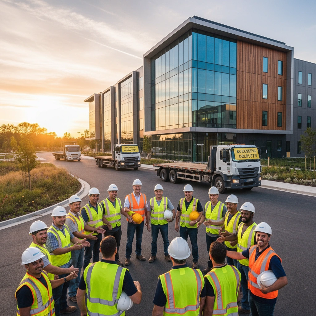 Bâtiment terminé avec ouvriers satisfaits et camions quittant le site, illustrant une logistique réussie.