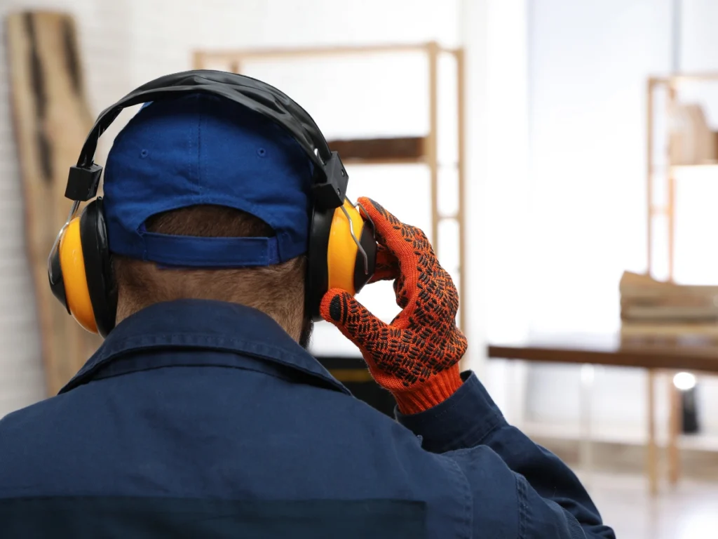 Travailleurs dans une usine avec protections auditives et machines, illustrant l’importance de l’acoustique industrielle.