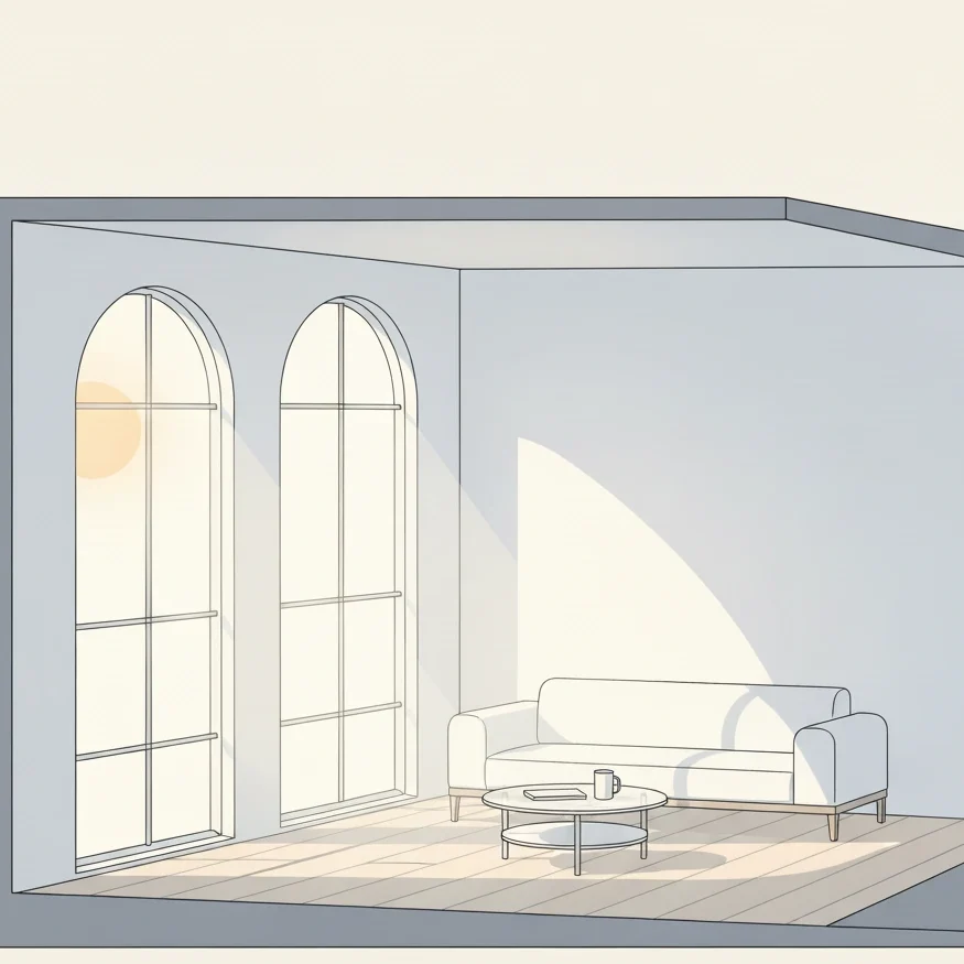 Interior lighting study diagram, sunlight entering windows, arrows showing light paths, minimalist drawing, soft tones.