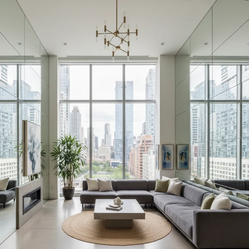 pièce lumineuse avec miroirs agrandissant l’espace