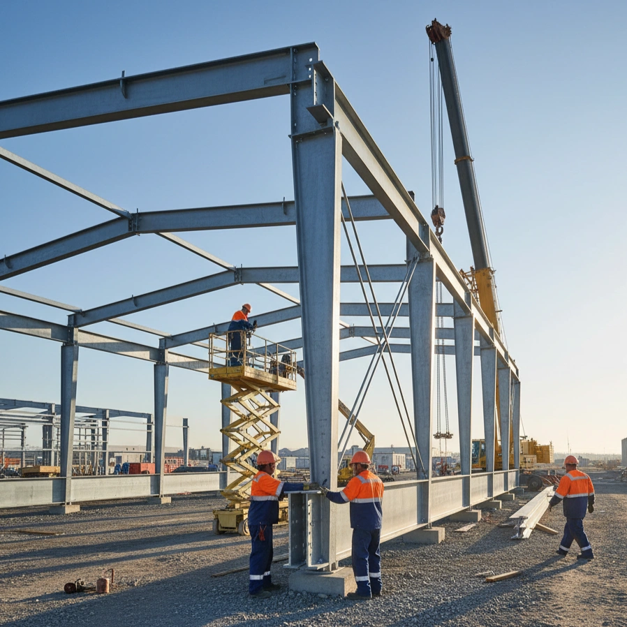 montage d’une charpente métallique sur un chantier industriel