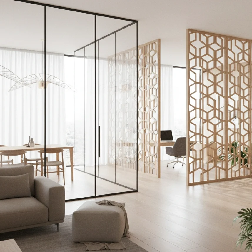 Modern interior partitions, glass or openwork panels, natural light passing through, bright and soft ambiance.