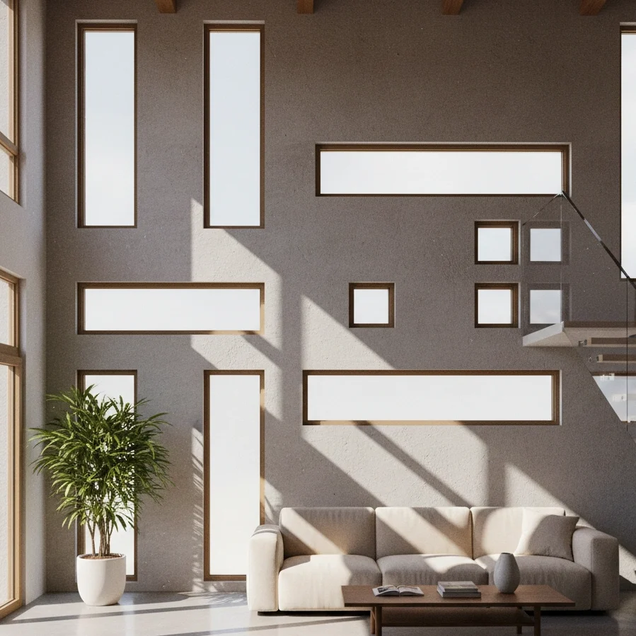 Architectural visualization of windows placed at varied heights, natural sunlight filling a modern room, detailed shadows.