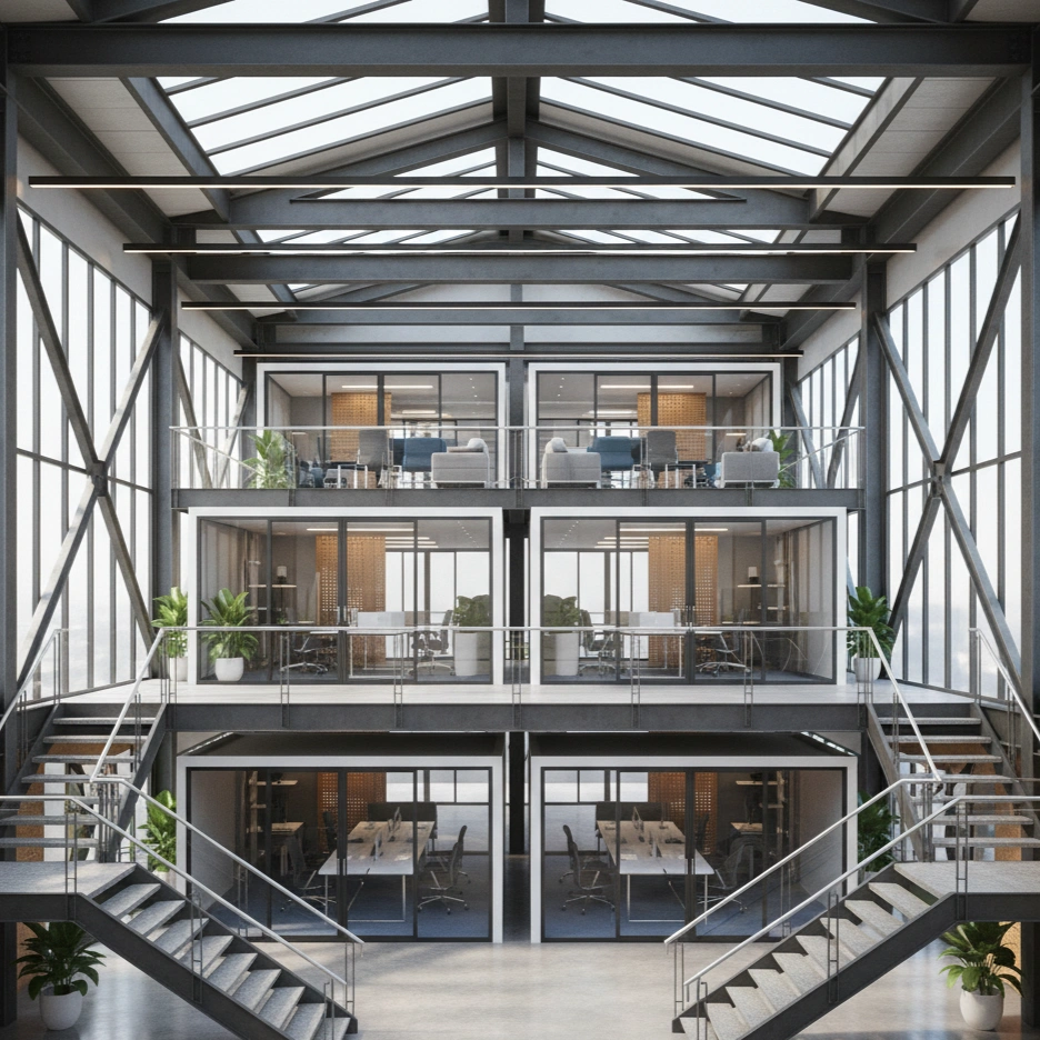 structure métallique modulable dans un atelier industriel