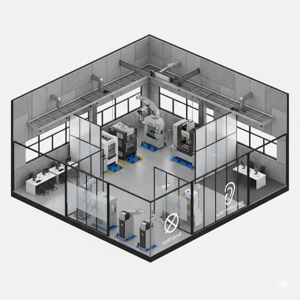 Schéma intérieur d’une usine montrant la séparation des zones bruyantes et l’isolation acoustique des machines.