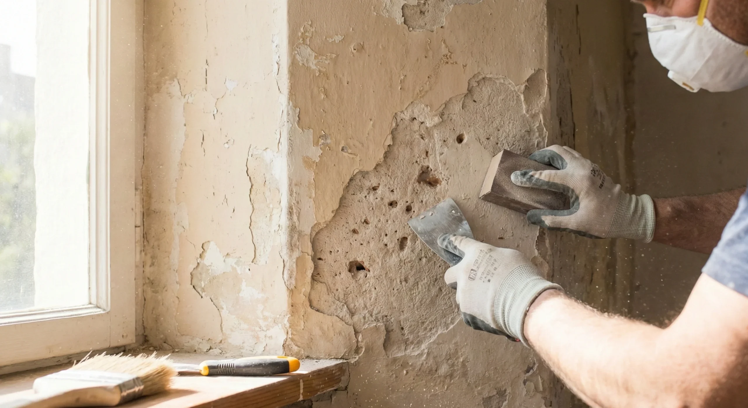 Artisan nettoyant et ponçant un mur pour préparer le support avant peinture.