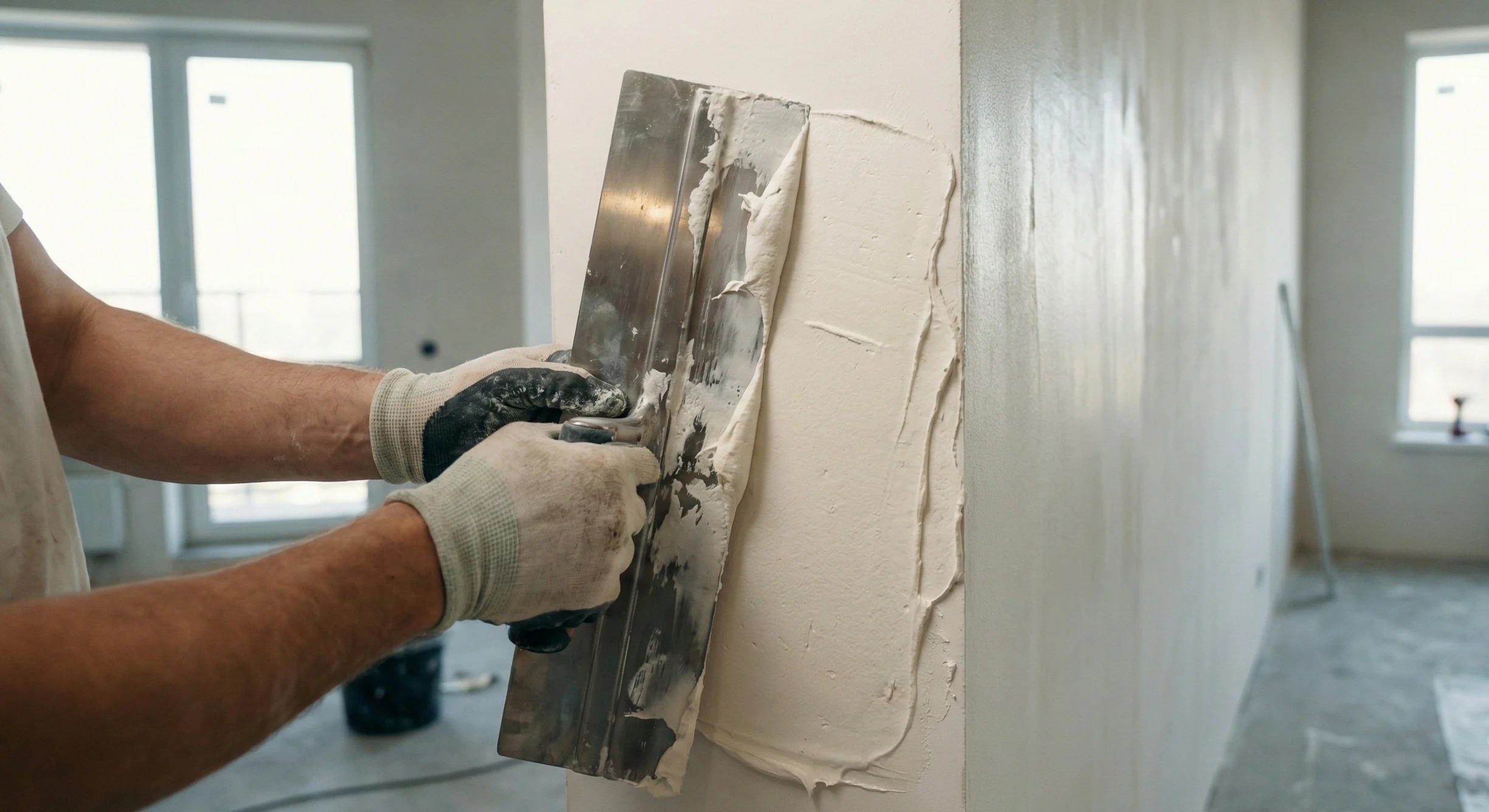 Application d’un enduit lisse sur un mur avec une taloche.