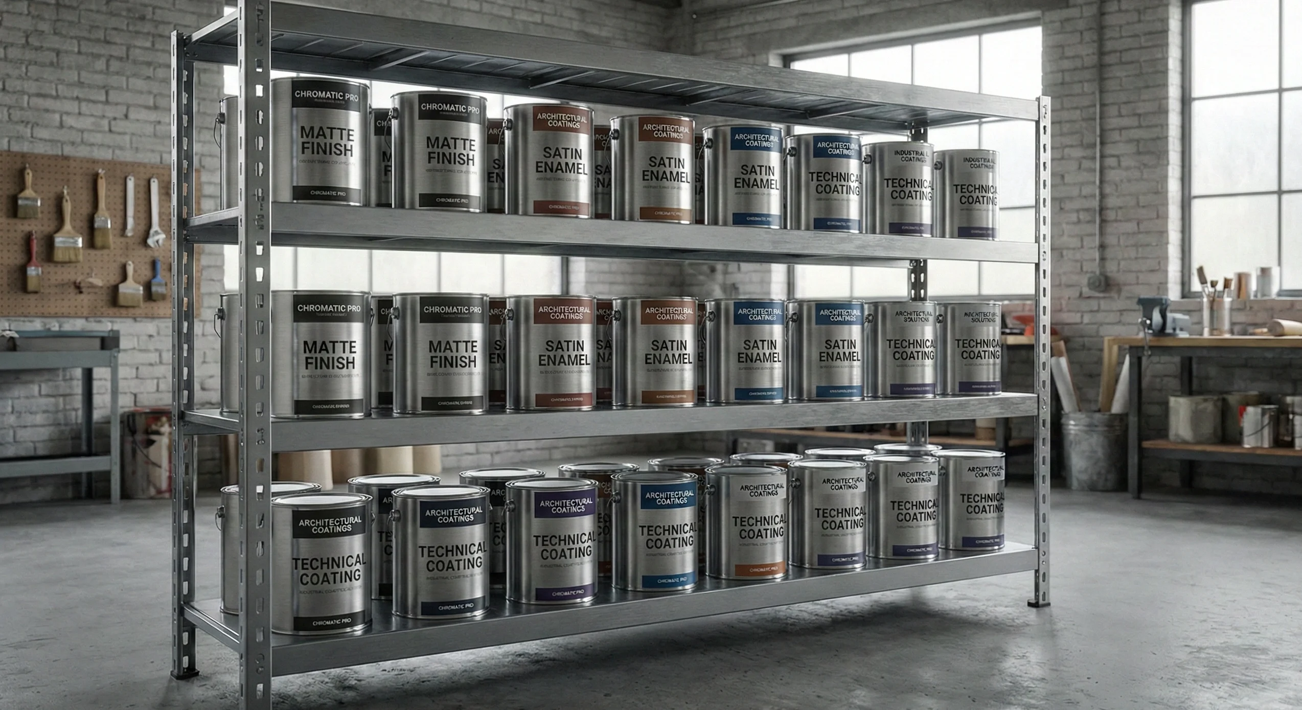 Différents pots de peinture professionnelle avec des finitions et usages variés.