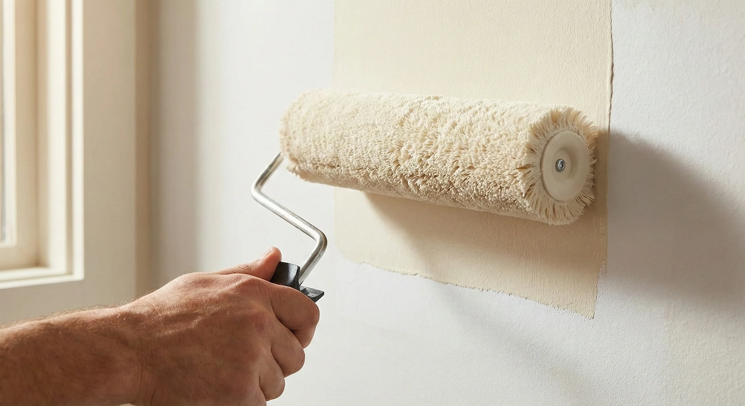 Peintre appliquant une couche régulière de peinture sur un mur déjà préparé.